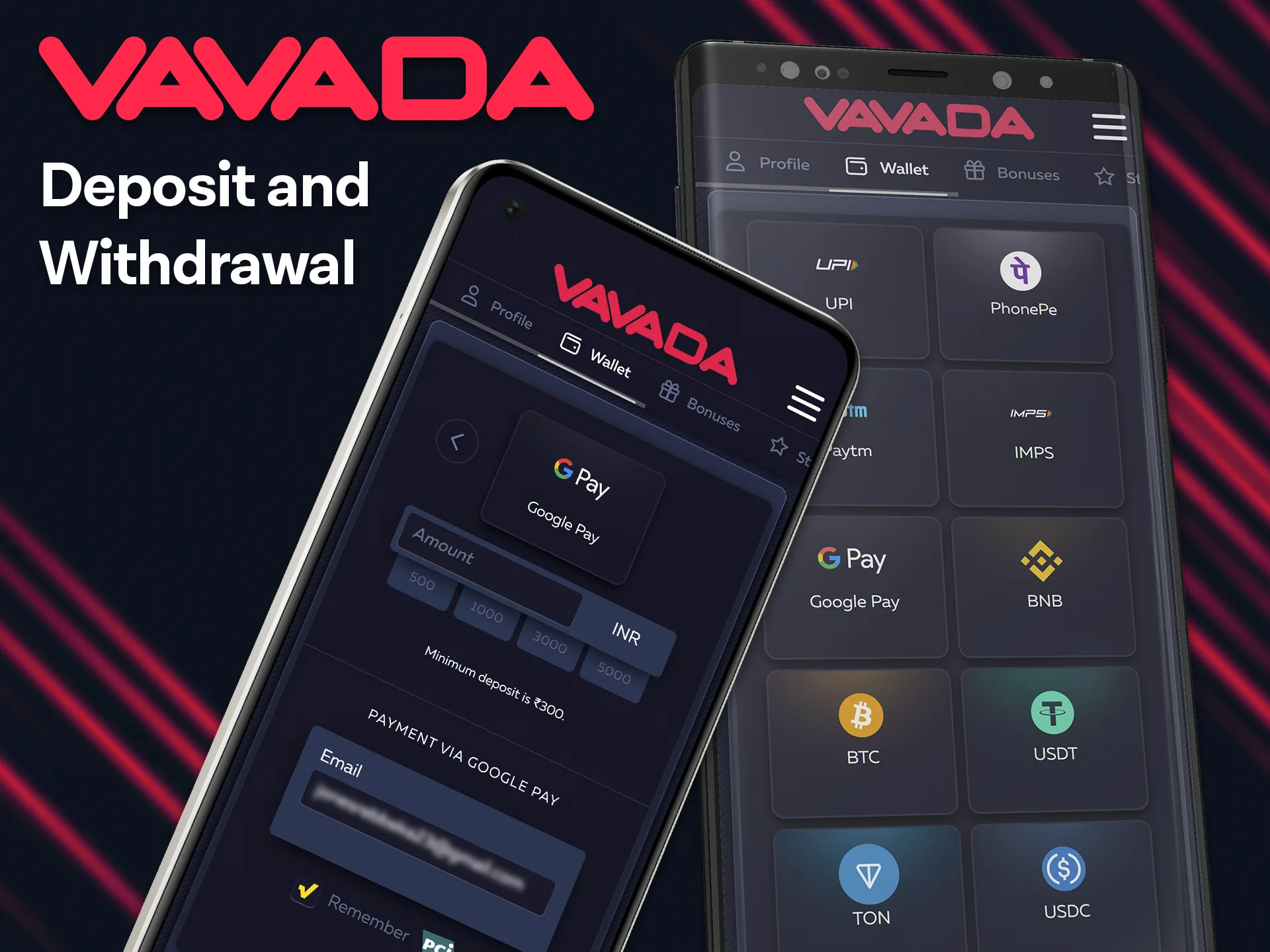 Deposit and withdraw funds from your account in the Vavada application.