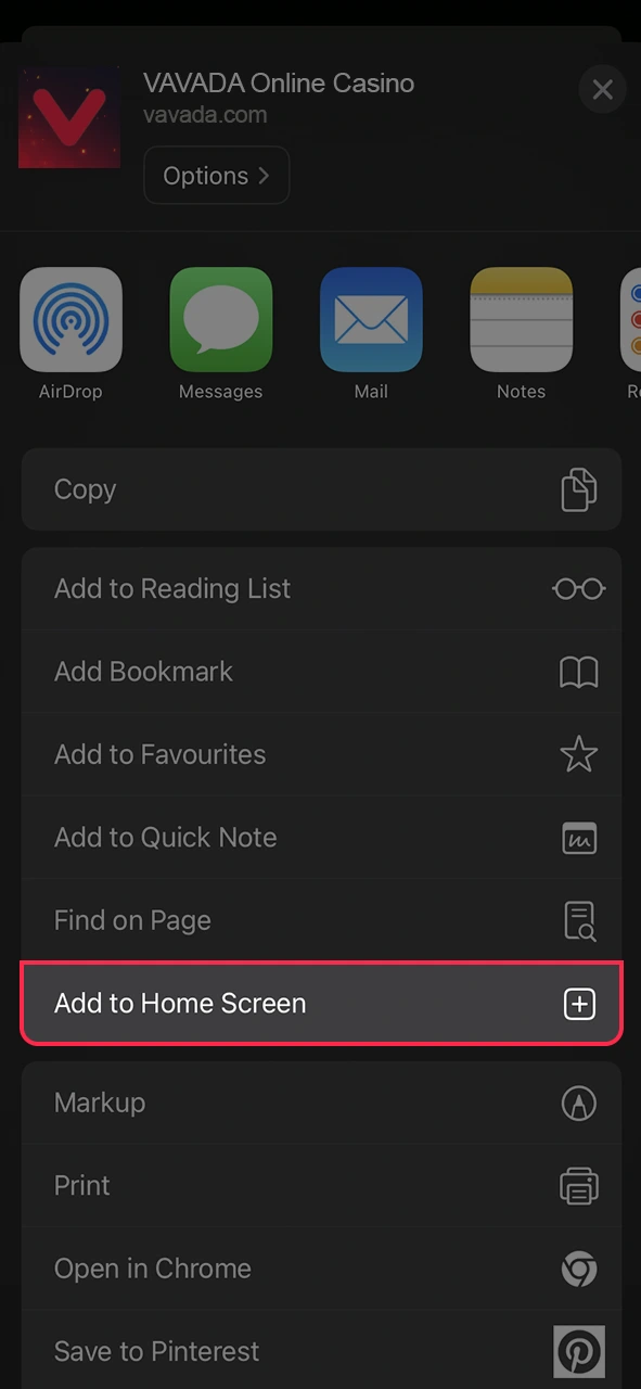 Select to add the Vavada app to the home screen.