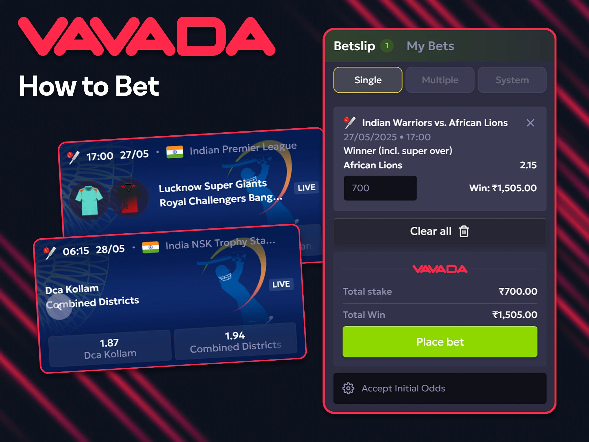 Register and place bets on cricket with Vavada.