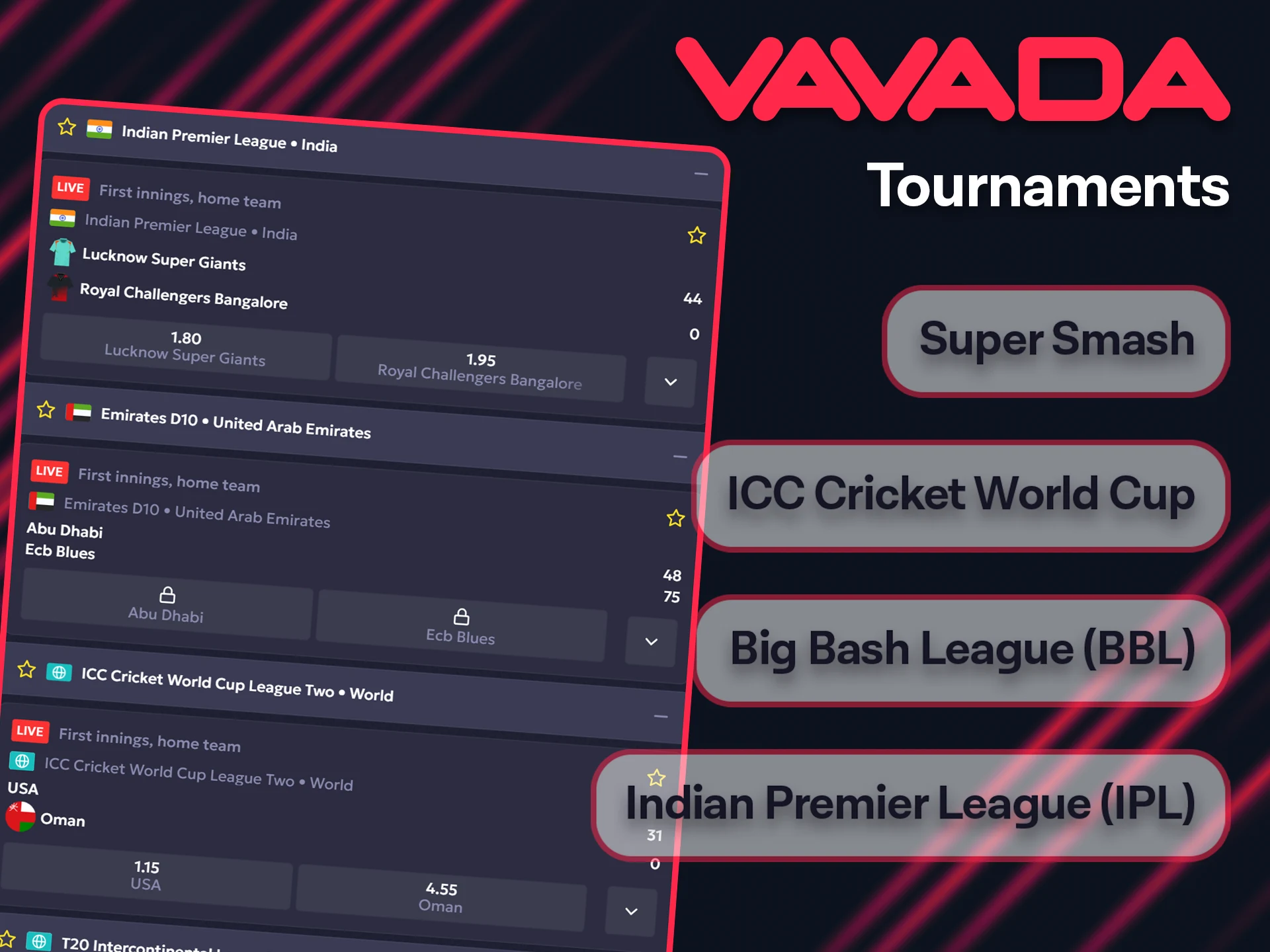 List of cricket tournaments available for betting on Vavada.