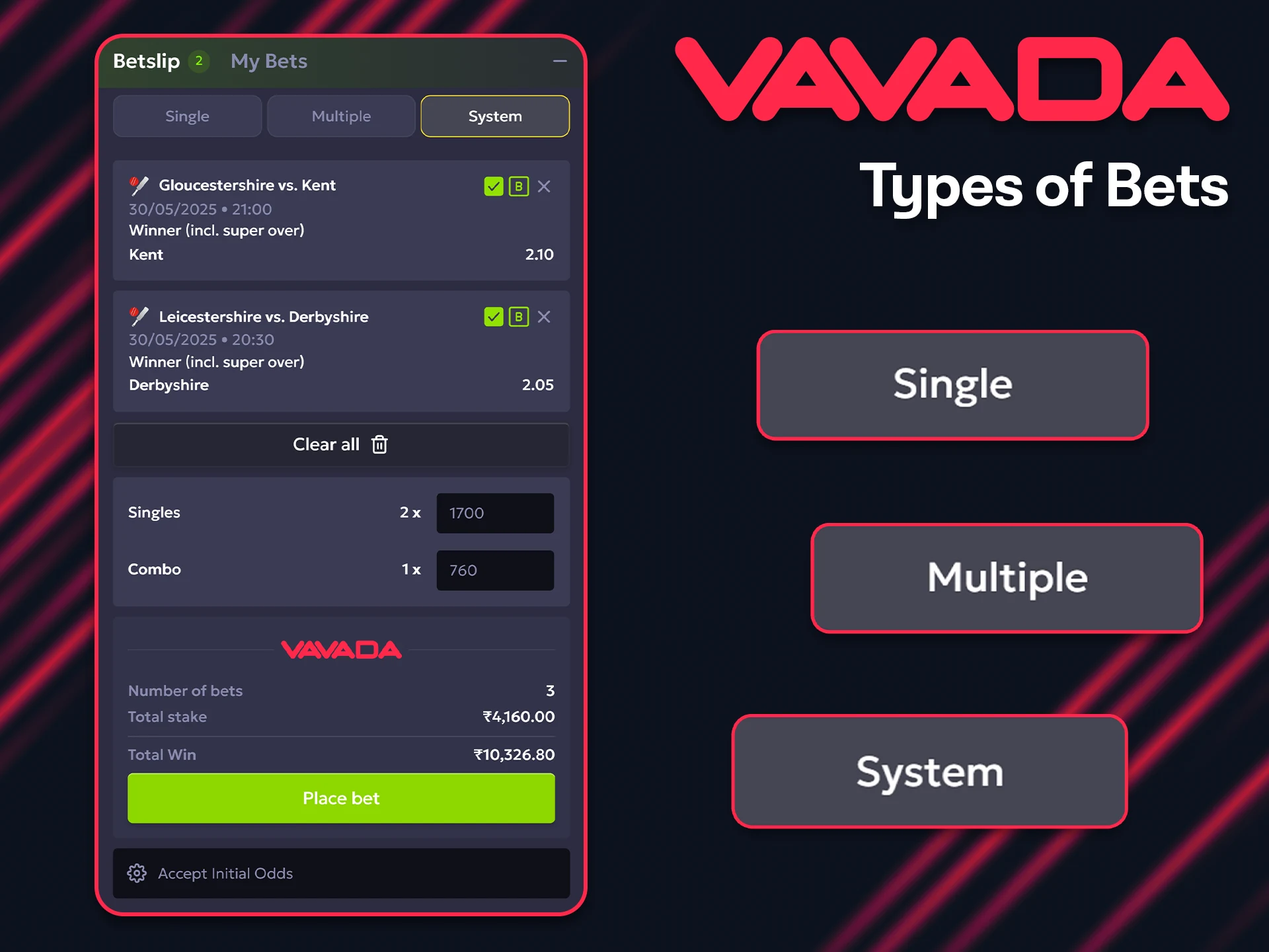 You can place different types of cricket bets at Vavada.