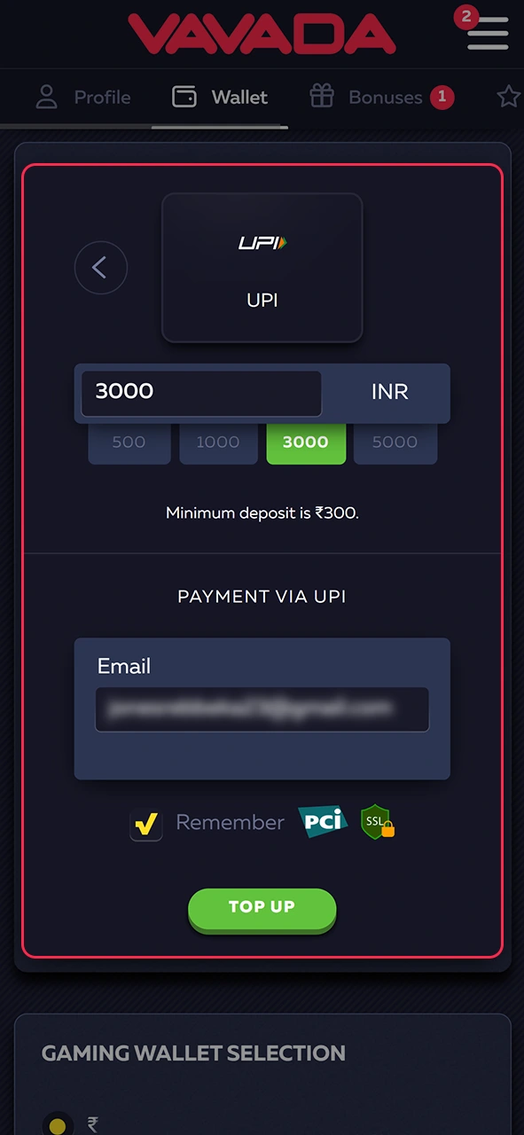 Enter the details and confirm the transaction at Vavada.