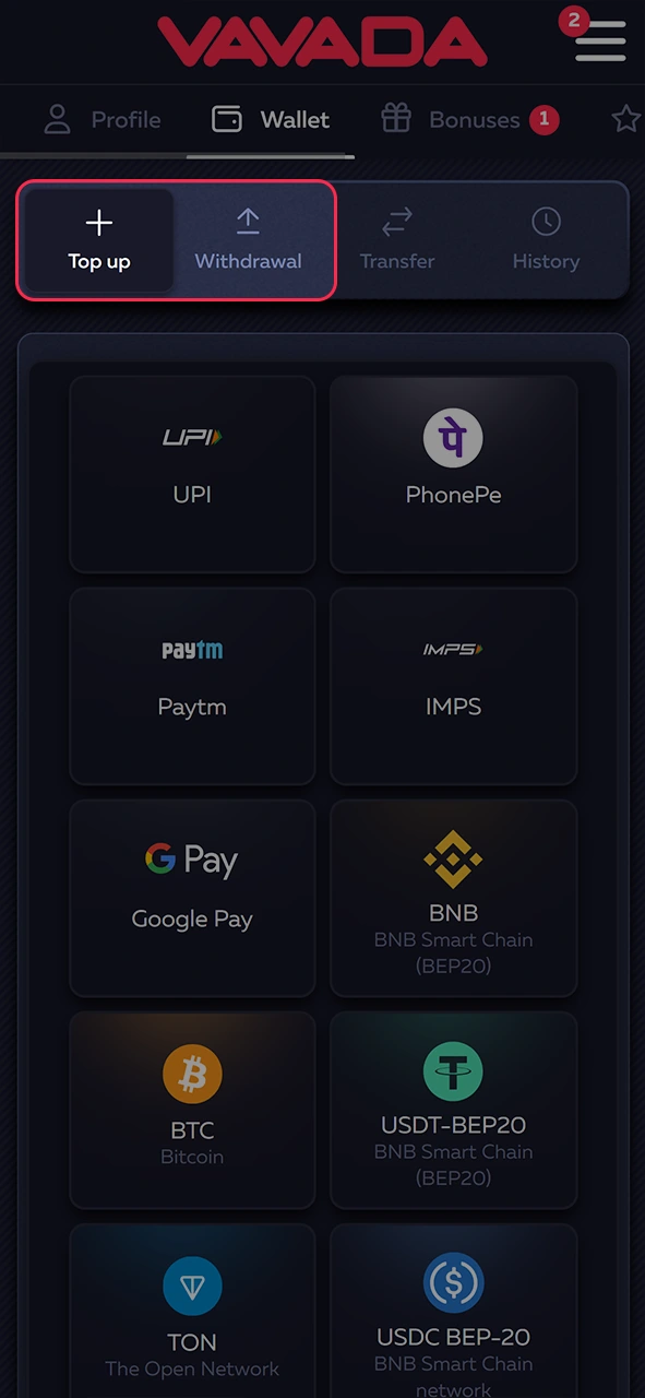 Select which transaction you want to make on Vavada.